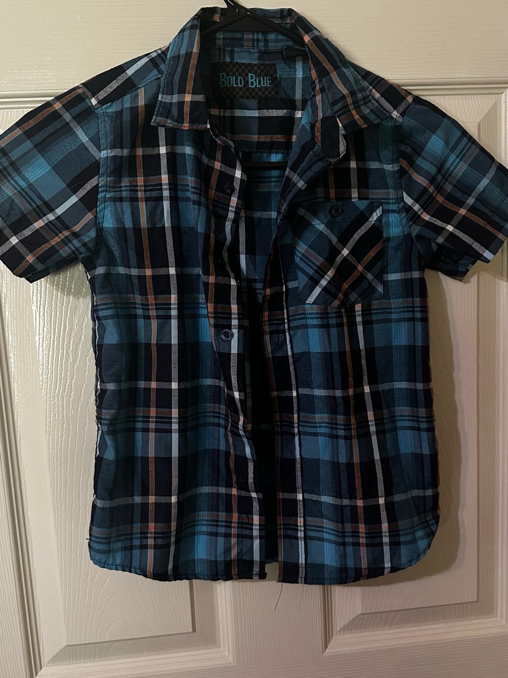 Boys Short Sleeve Plaid Shirt - Blue/Tan